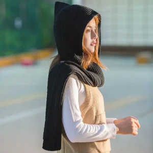 MIO New Arrival Winter Knitted Hooded Scarf Adult Solid Color Long Soft Scarf With Hat Fashion Warm Crochet Shawl Wrap for Women